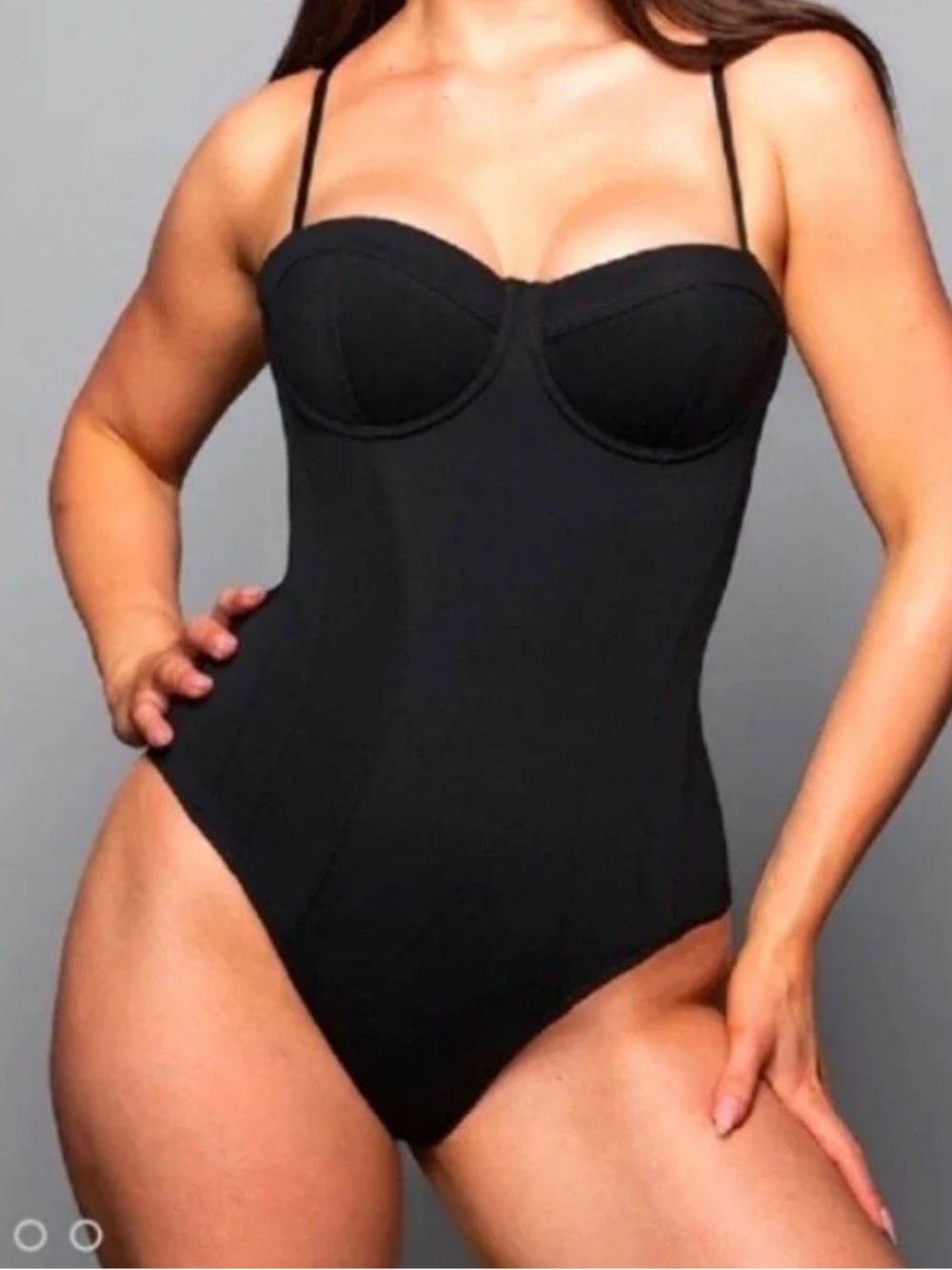 Black One-Piece Bustier Swimsuit with Thin Straps